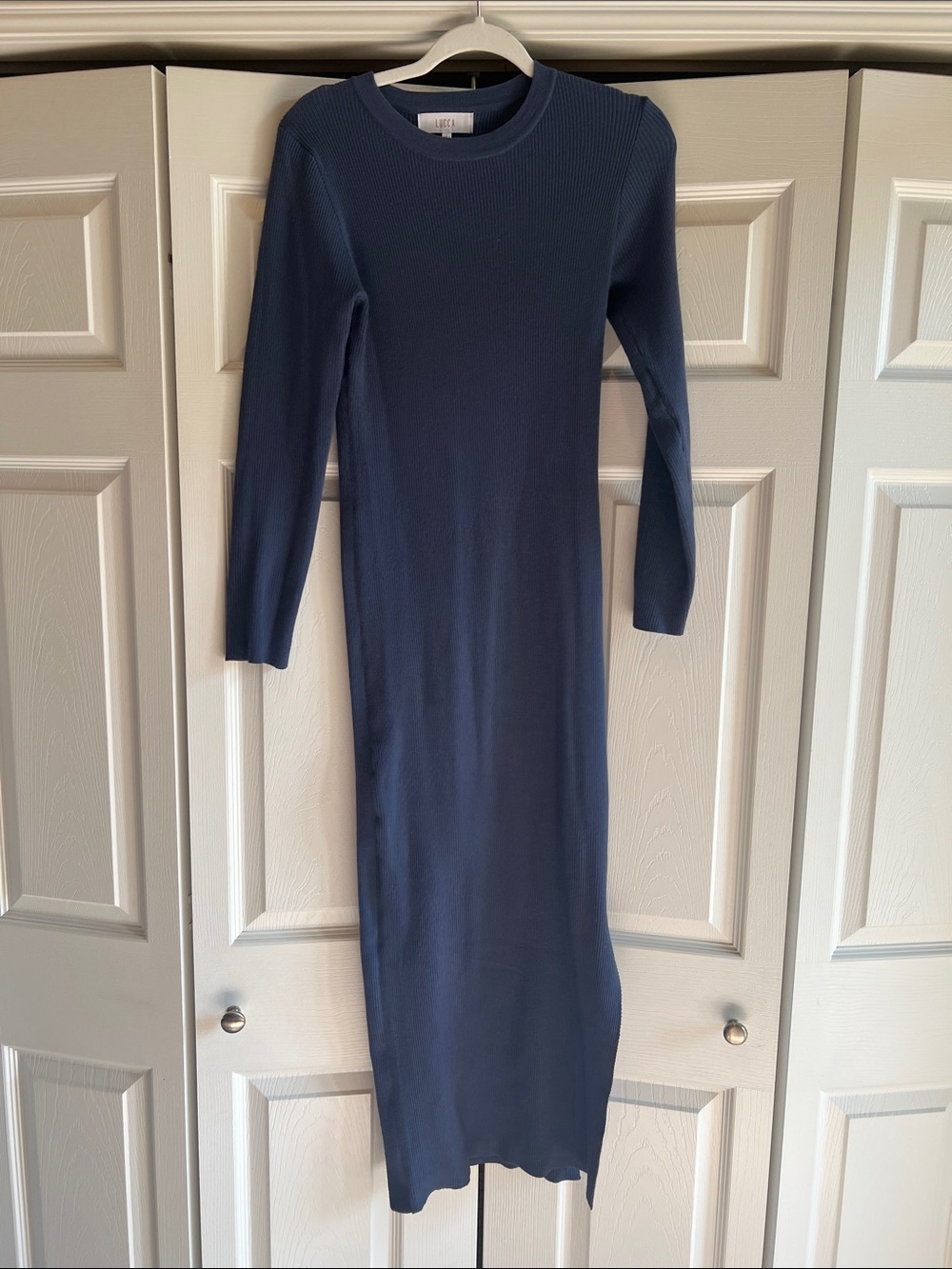 Slim Ribbed Long Sleeve Maxi Dress in Navy